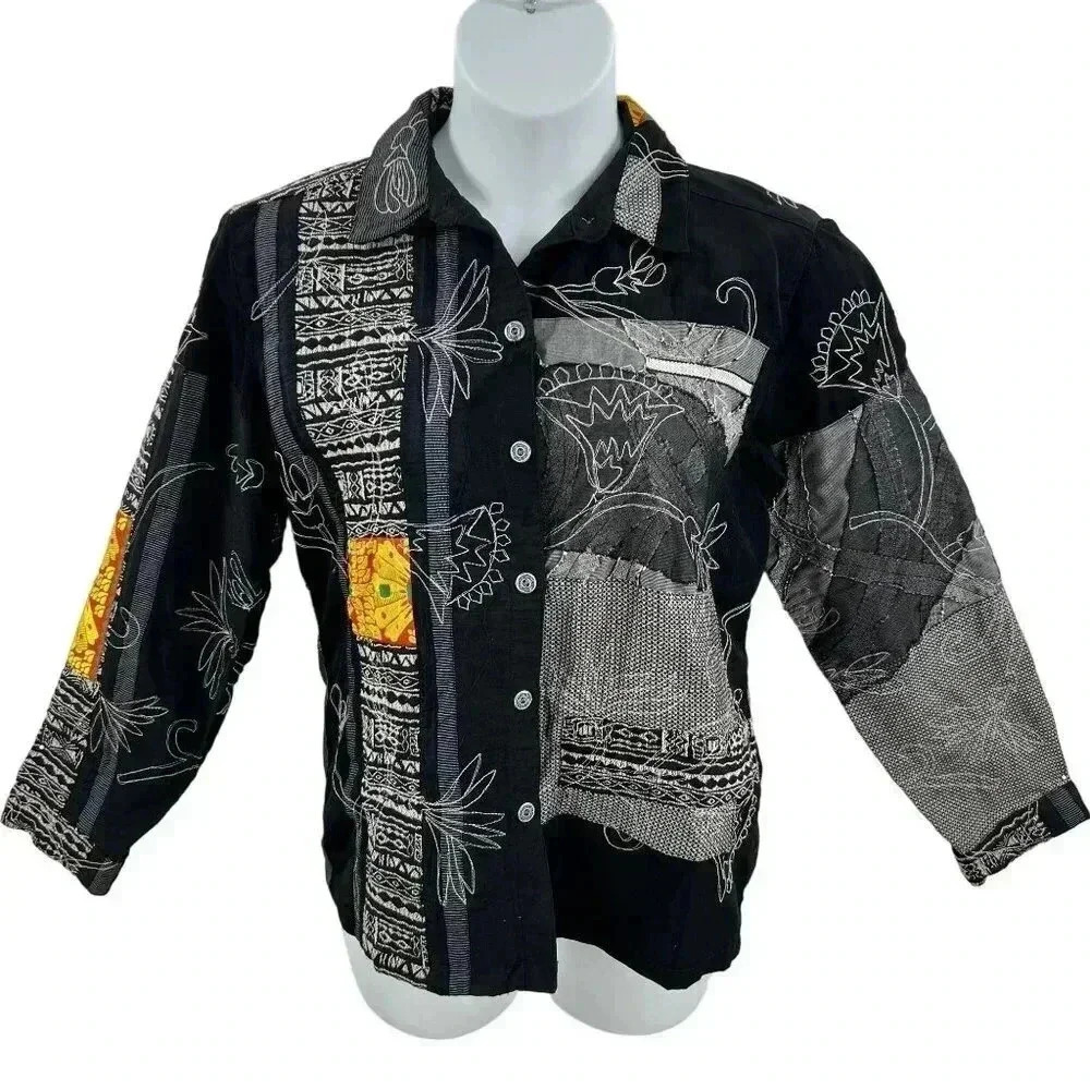 Vintage Chicos Design L Embroidered Denim Patchwork Tapestry Shacket Tribal Boho
